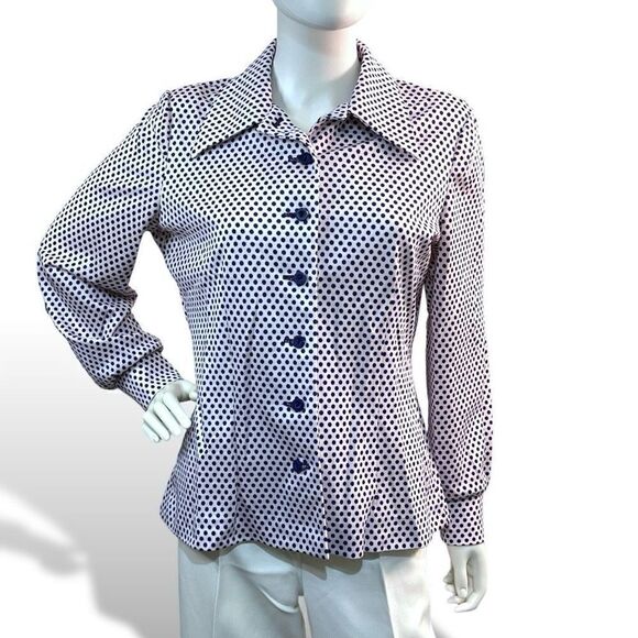 70’s Vintage White & Navy Dot Polyester Button Down Long Sleeve Shirt Top XL 16 - Picture 2 of 8
